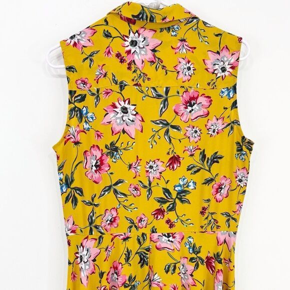 Nanette Lepore Yellow Pink Floral Pleat Chest A Line Sleeveless Shirt Dress - Picture 10 of 16